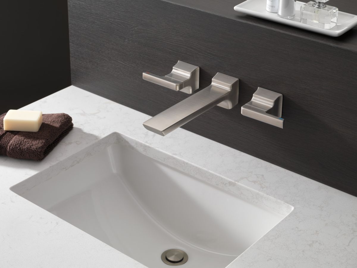 DELTA Pivotal Two Handle Wall Mount Bathroom Faucet Trim — Lumicoat® Stainless