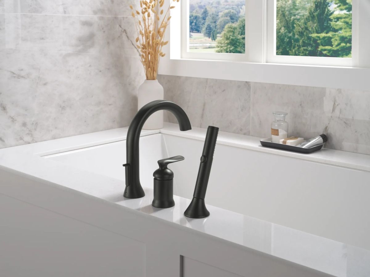 DELTA Bonacci Three Hole Roman Tub Trim with Hand Shower — Matte Black