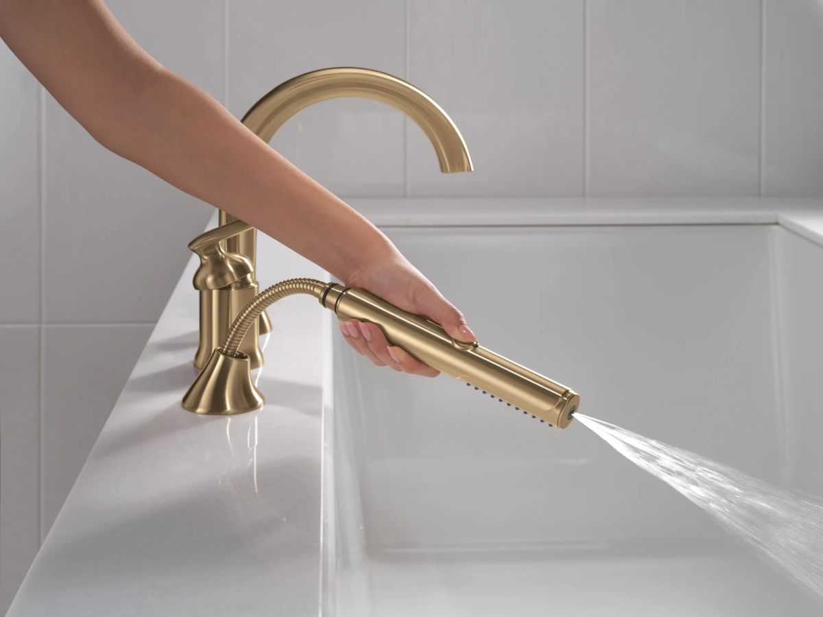 DELTA Bonacci Three Hole Roman Tub Trim with Hand Shower — Lumicoat® Champagne Bronze