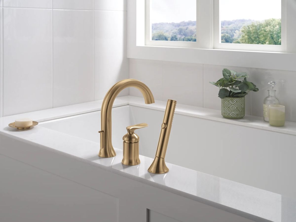 DELTA Bonacci Three Hole Roman Tub Trim with Hand Shower — Lumicoat® Champagne Bronze