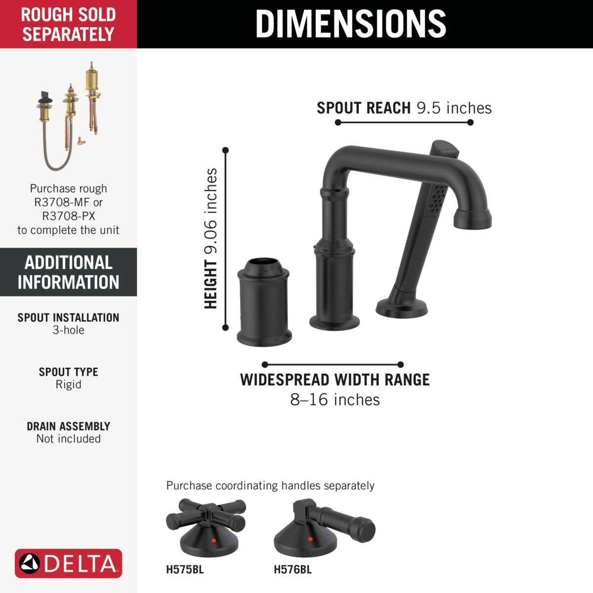DELTA Broderick Three Hole Roman Tub Trim with Hand Shower - Less Handle — Matte Black
