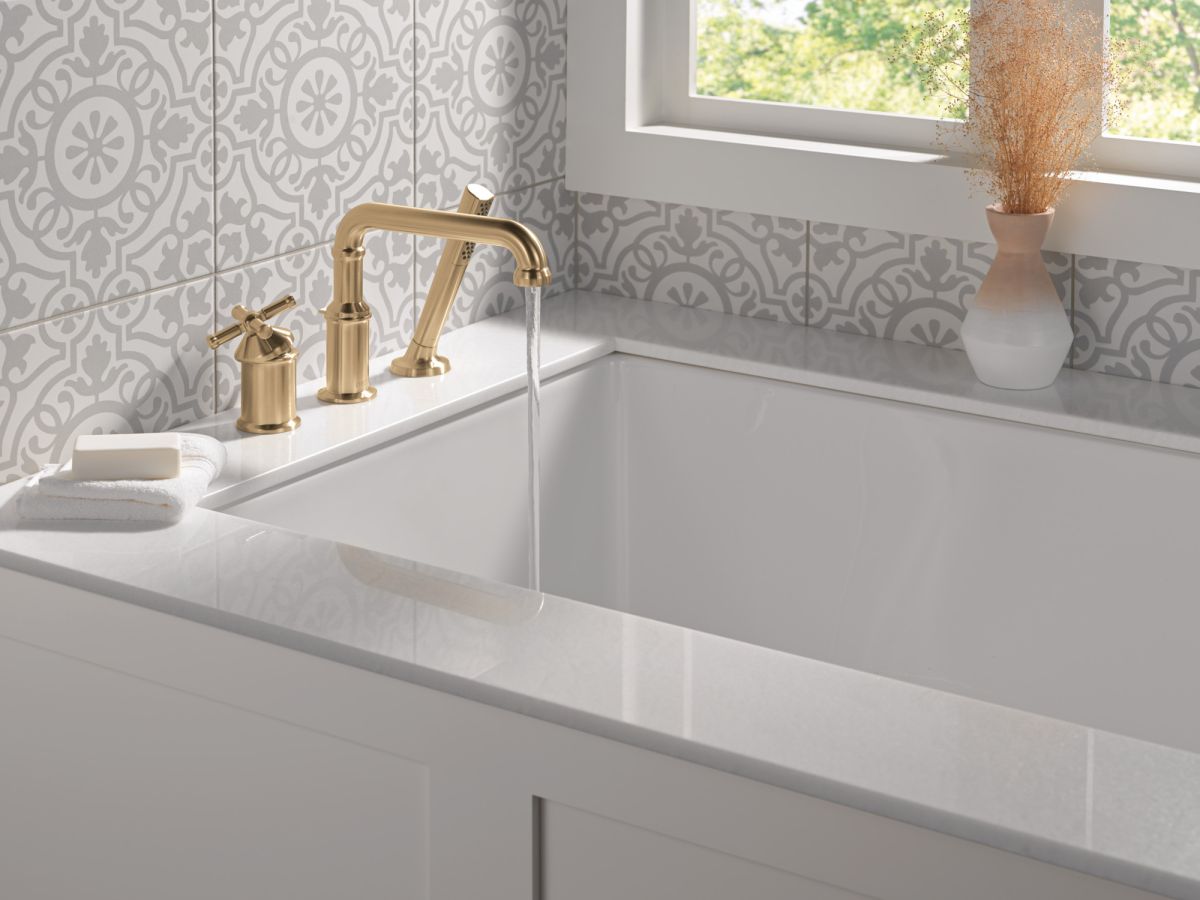 DELTA Broderick Three Hole Roman Tub Trim with Hand Shower - Less Handle — Lumicoat® Champagne Bronze