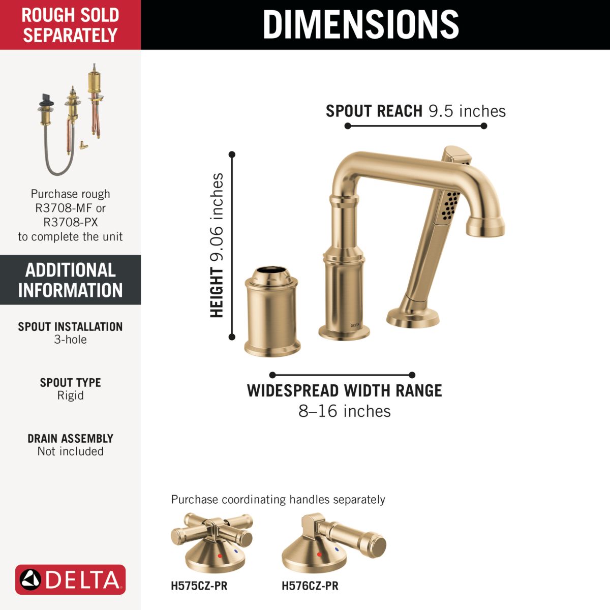 DELTA Broderick Three Hole Roman Tub Trim with Hand Shower - Less Handle — Lumicoat® Champagne Bronze
