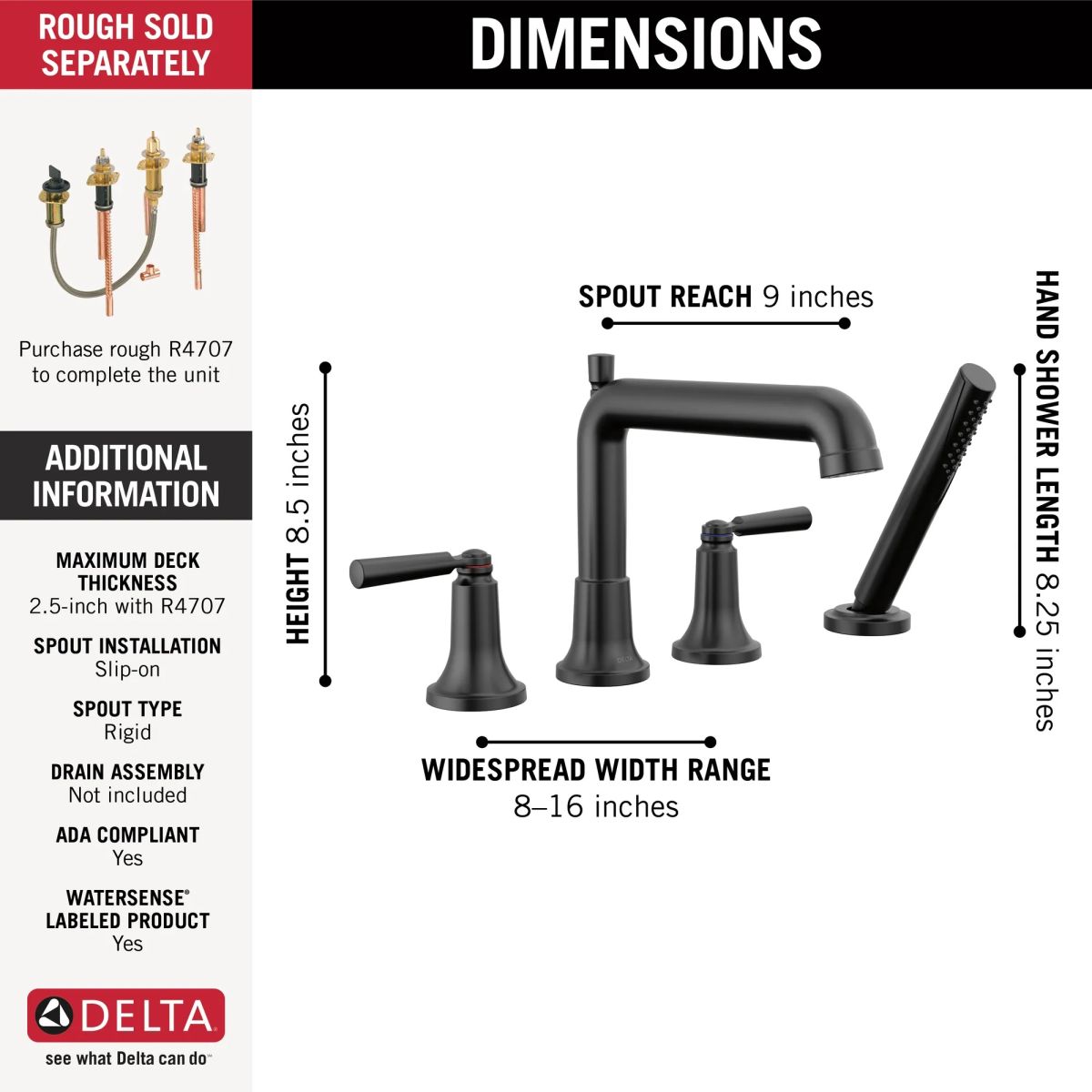 DELTA Saylor Roman Tub Trim with Hand Shower — Matte Black