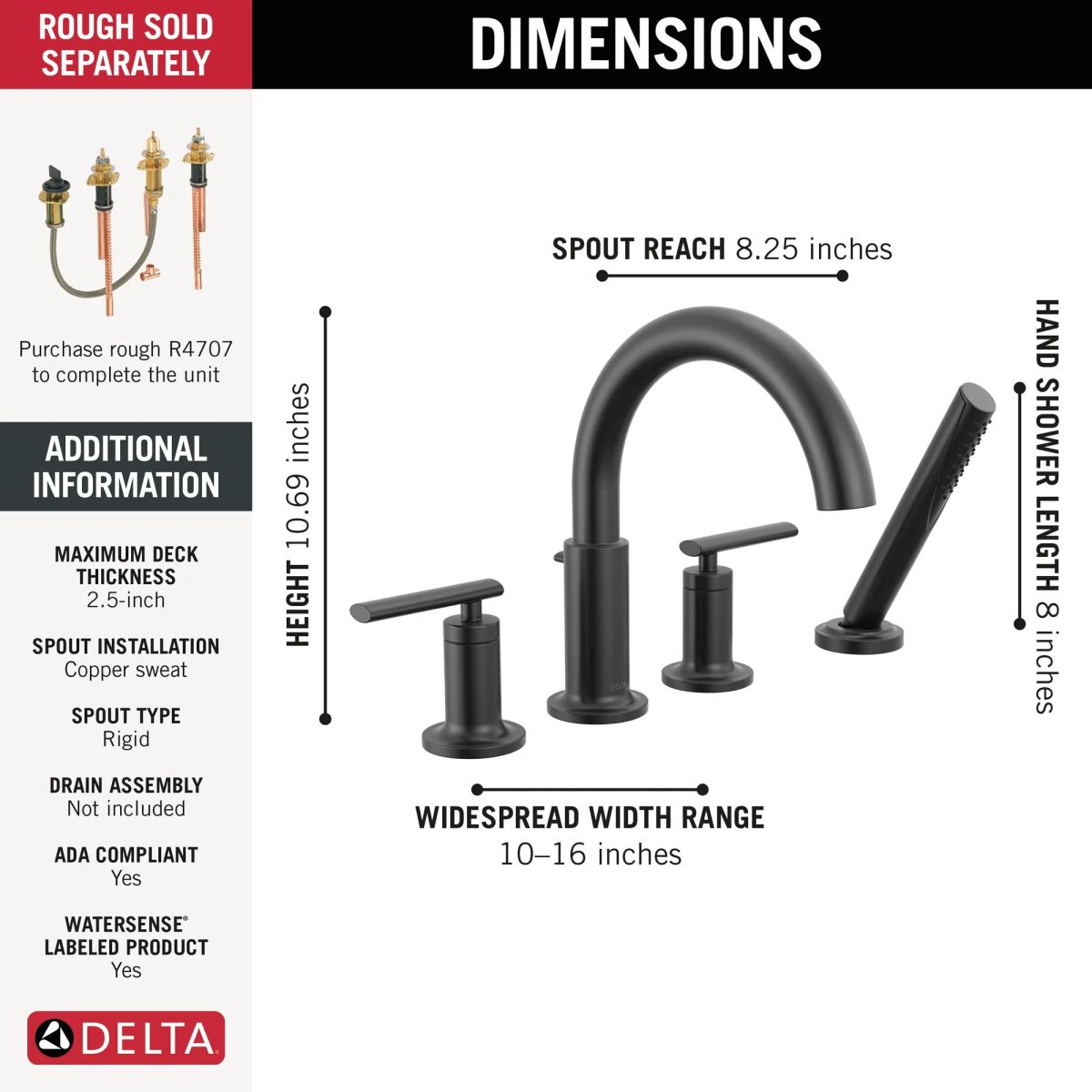 DELTA Altado Roman Tub Trim with Hand Shower — Matte Black
