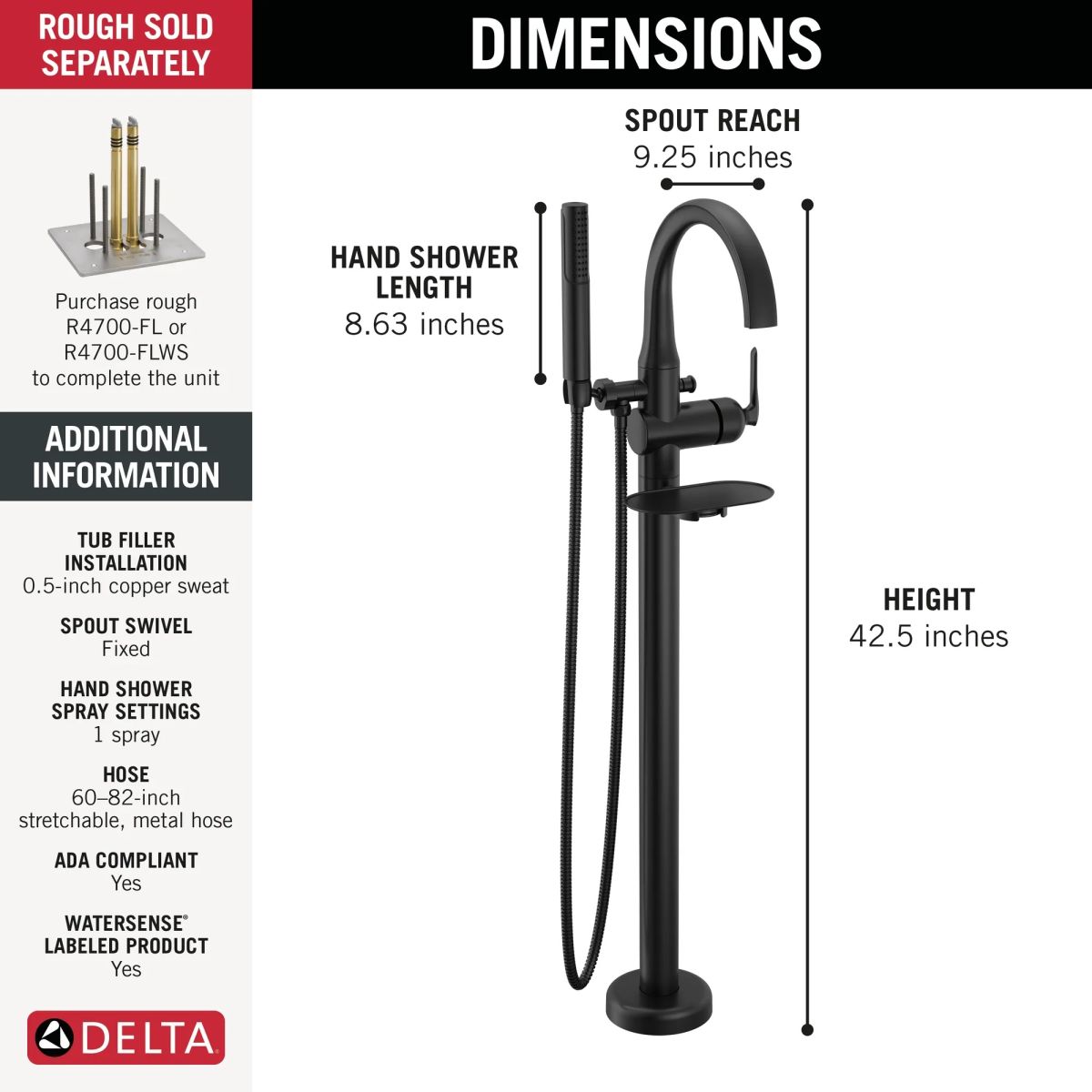 DELTA Bonacci Floor Mount Tub Filler Trim — Matte Black