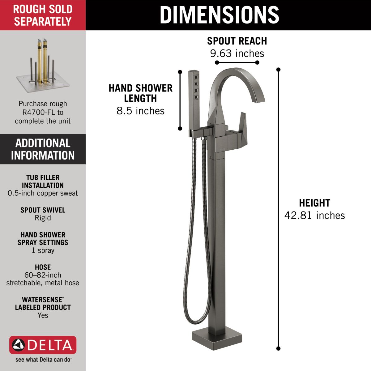 DELTA Trillian Single Handle Floor Mount Tub Filler Trim — Lumicoat® Black Stainless