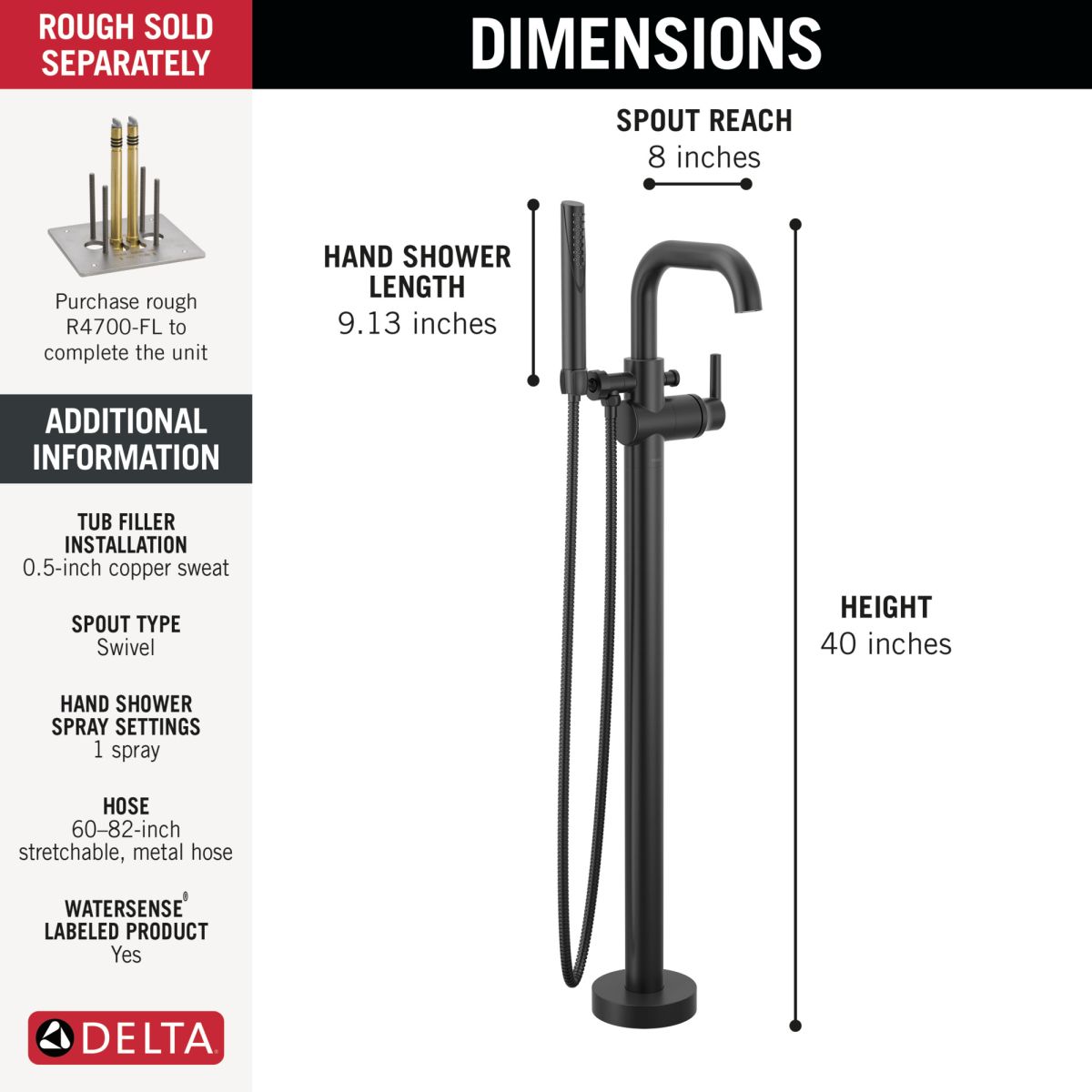 DELTA Trinsic Floor Mount Tub Filler — Matte Black