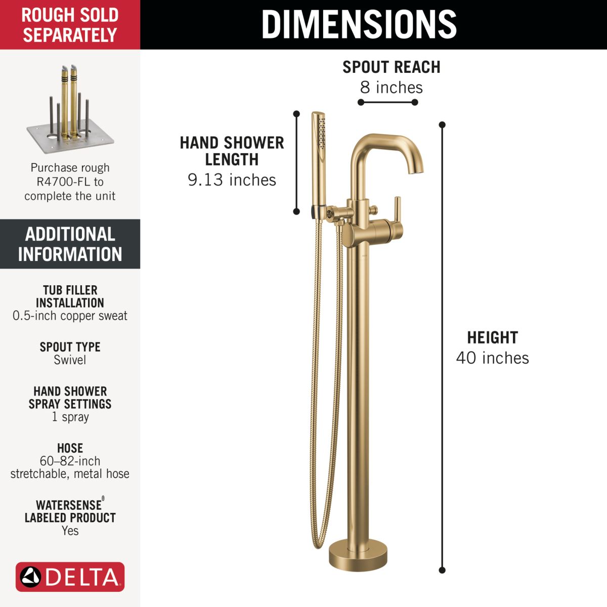 DELTA Trinsic Floor Mount Tub Filler — Champagne Bronze