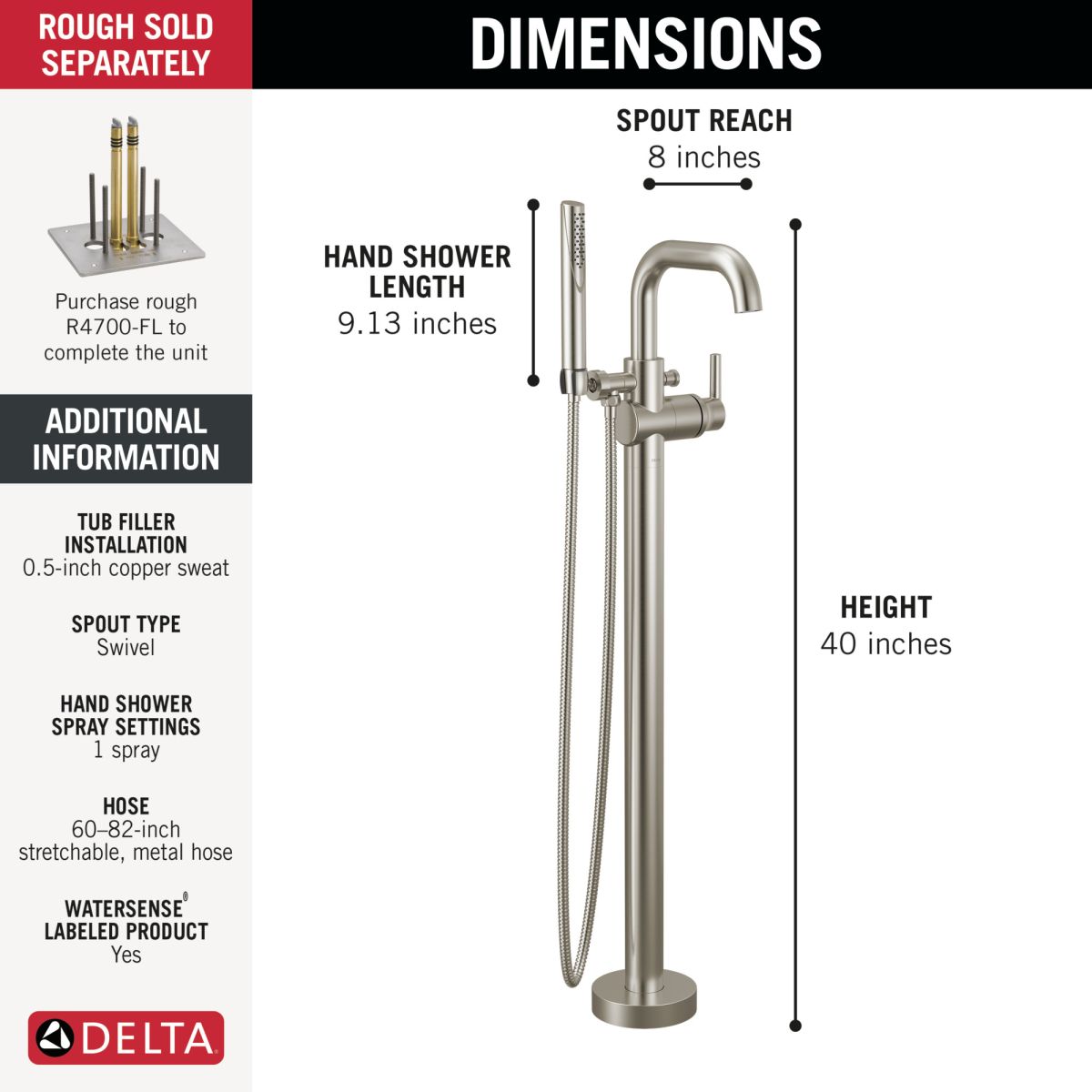 DELTA Trinsic Floor Mount Tub Filler — Stainless