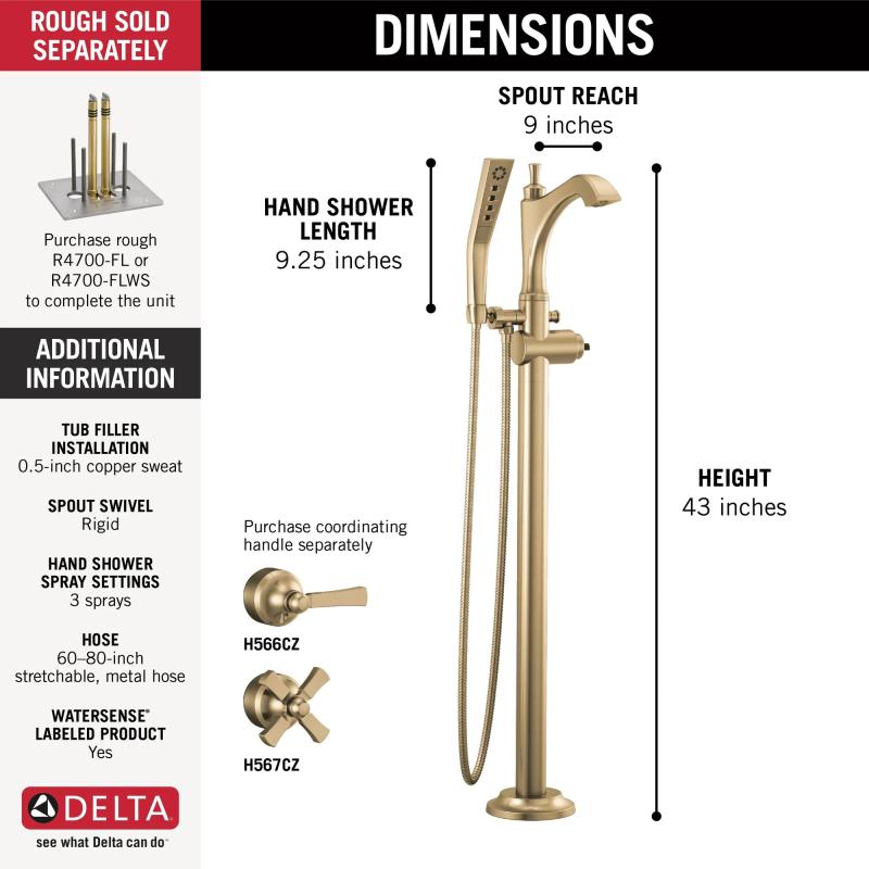 DELTA Dorval Single Handle Floor Mount Tub Filler Trim - Less Handle — Champagne Bronze