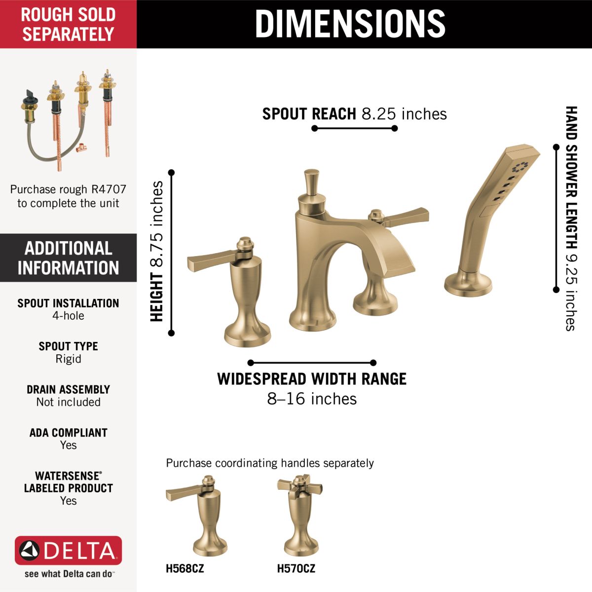 DELTA Dorval Roman Tub with Hand Shower Trim - Less Handles — Champagne Bronze