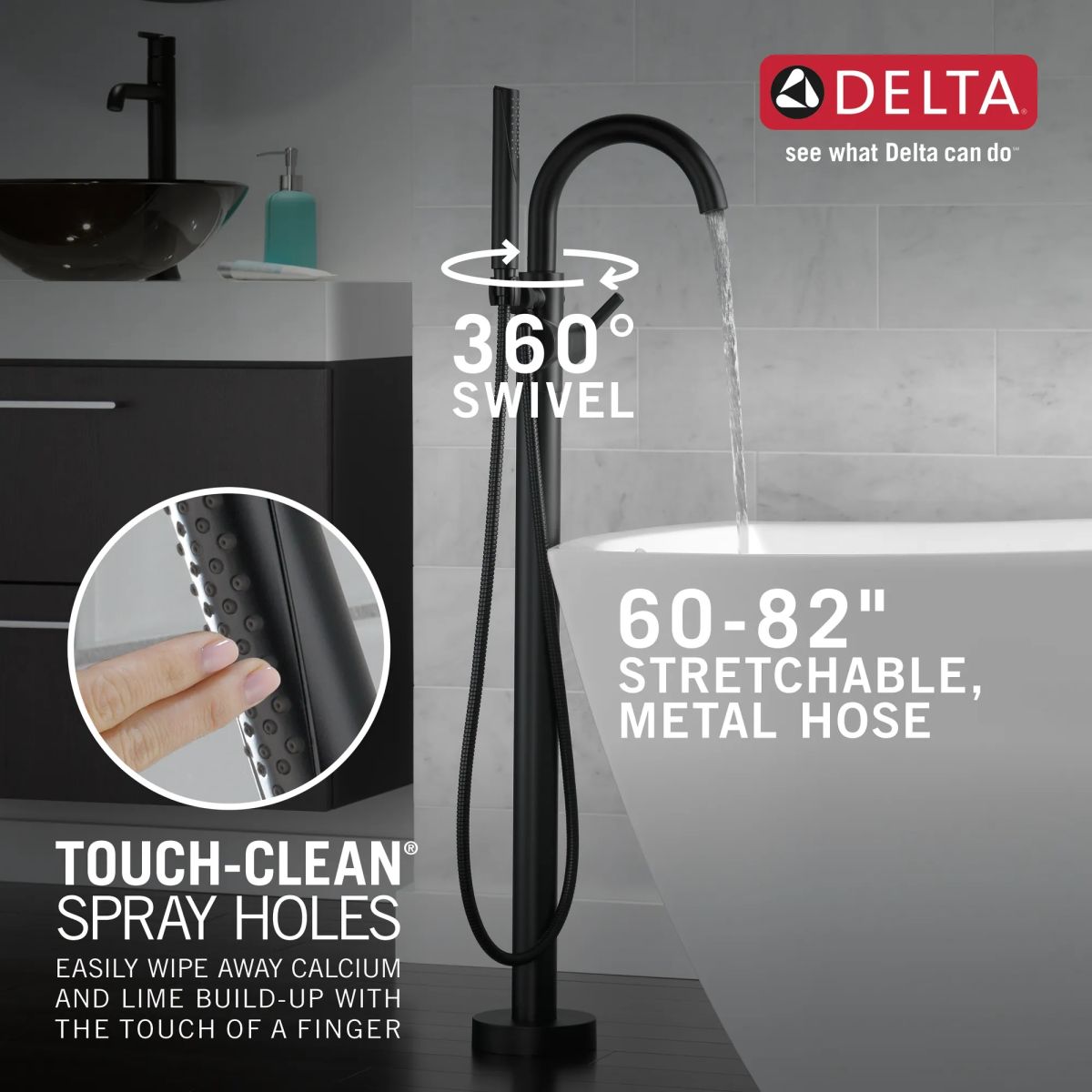 DELTA Trinsic Single Handle Floor Mount Tub Filler Trim with Hand Shower — Matte Black