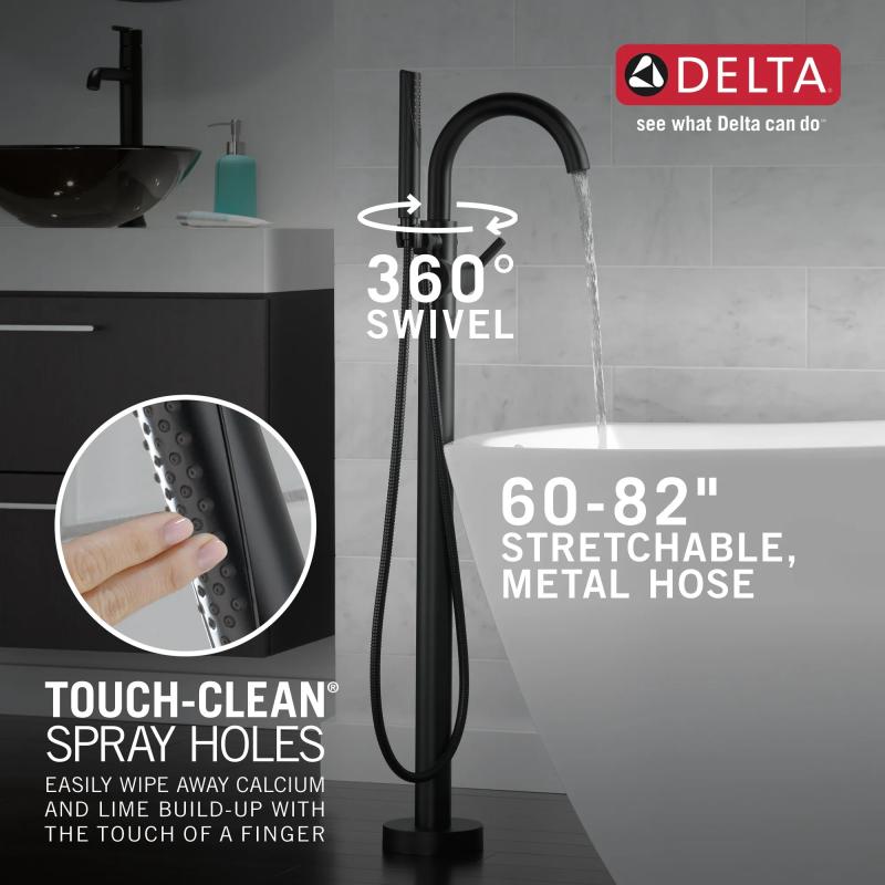 DELTA Trinsic Single Handle Floor Mount Tub Filler Trim with Hand Shower — Matte Black