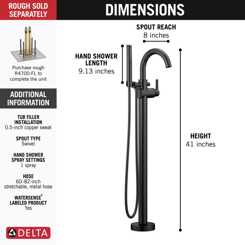 DELTA Trinsic Single Handle Floor Mount Tub Filler Trim with Hand Shower — Matte Black