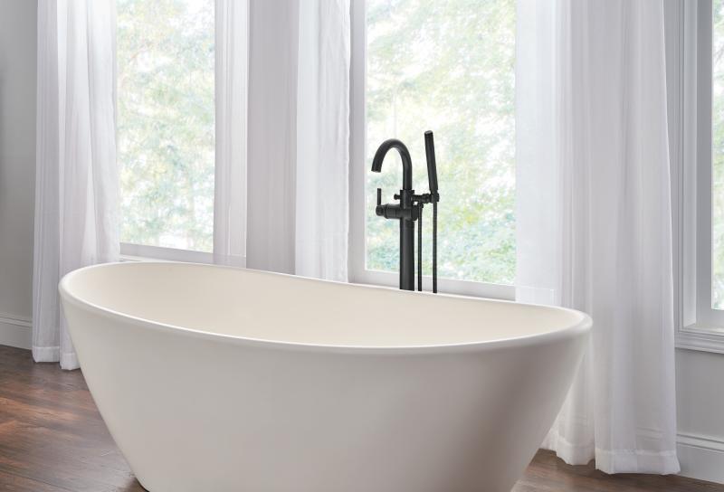 DELTA Trinsic Single Handle Floor Mount Tub Filler Trim with Hand Shower — Matte Black