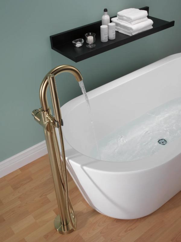 DELTA Trinsic Single Handle Floor Mount Tub Filler Trim with Hand Shower — Champagne Bronze