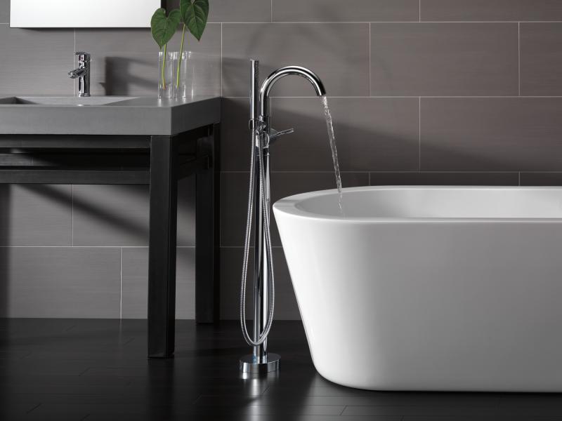 DELTA Trinsic Single Handle Floor Mount Tub Filler Trim with Hand Shower — Chrome