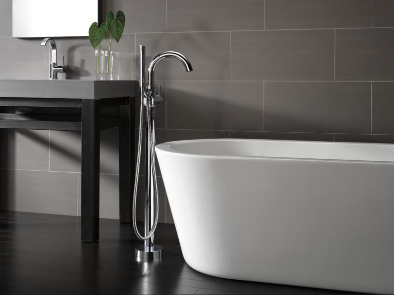 DELTA Trinsic Single Handle Floor Mount Tub Filler Trim with Hand Shower — Chrome