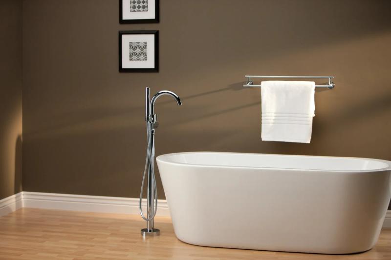 DELTA Trinsic Single Handle Floor Mount Tub Filler Trim with Hand Shower — Chrome