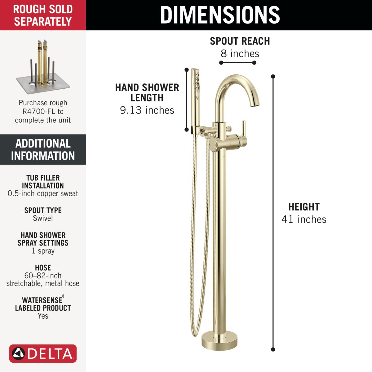 DELTA Trinsic Floor Mount Tub Filler Trim — Polished Nickel