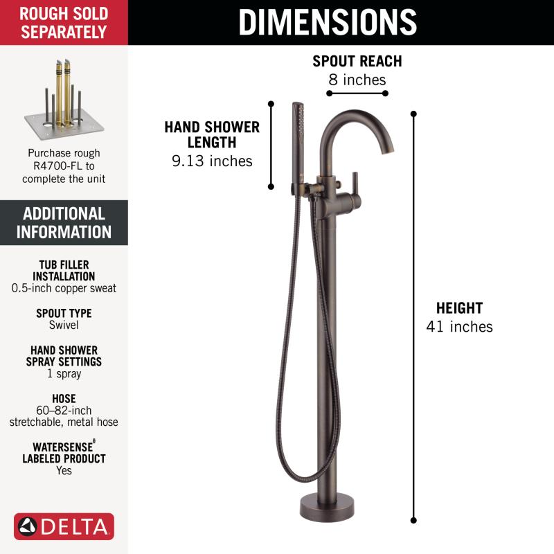 DELTA Trinsic Single Handle Floor Mount Tub Filler Trim with Hand Shower — Venetian Bronze