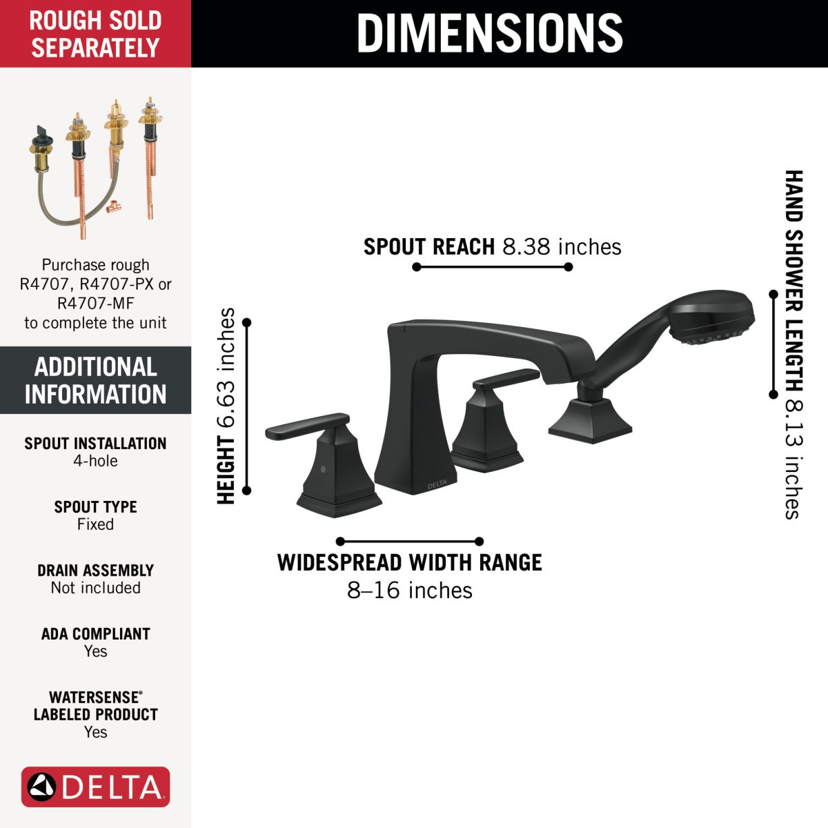 DELTA Ashlyn Roman Tub Trim with Hand Shower — Matte Black