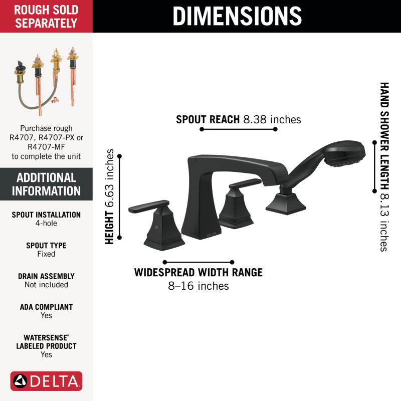 DELTA Ashlyn Roman Tub Trim with Hand Shower — Matte Black