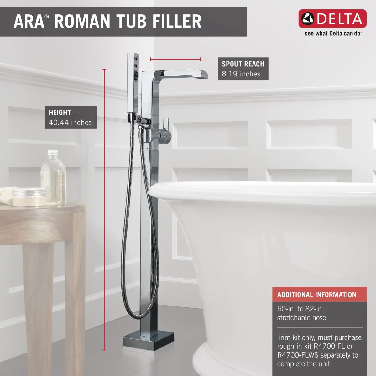 DELTA Ara Single Handle Floor Mount Tub Filler Trim with Hand Shower — Chrome