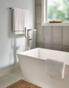 DELTA Ara Single Handle Floor Mount Tub Filler Trim with Hand Shower — Stainless