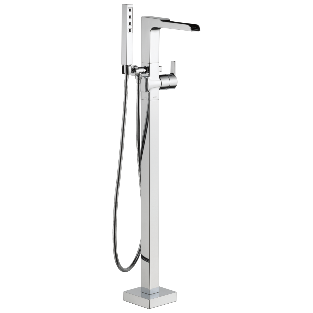 DELTA Ara Single Handle Floor Mount Channel Spout Tub Filler Trim with Hand Shower — Chrome