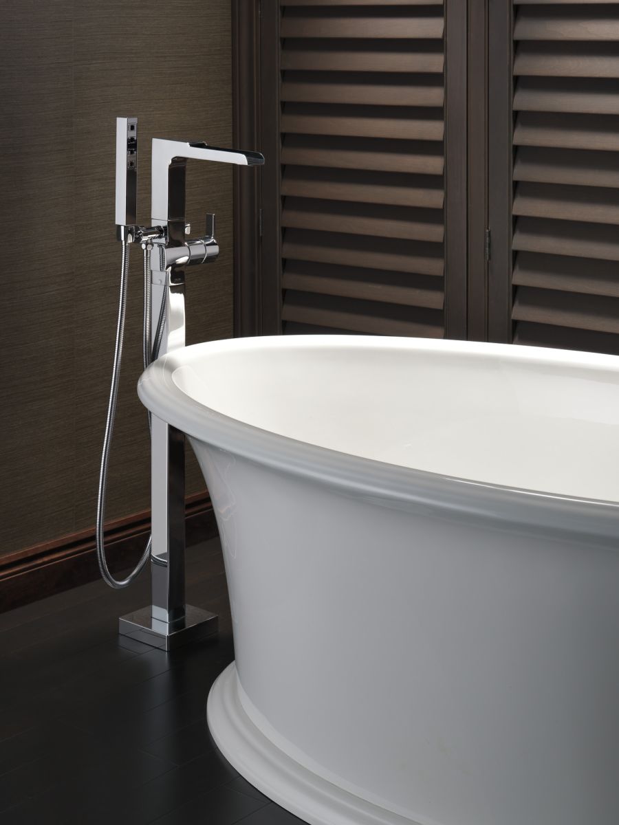 DELTA Ara Single Handle Floor Mount Channel Spout Tub Filler Trim with Hand Shower — Chrome
