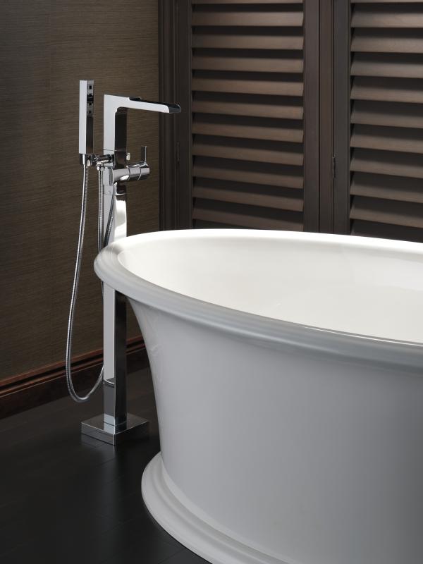 DELTA Ara Single Handle Floor Mount Channel Spout Tub Filler Trim with Hand Shower — Chrome