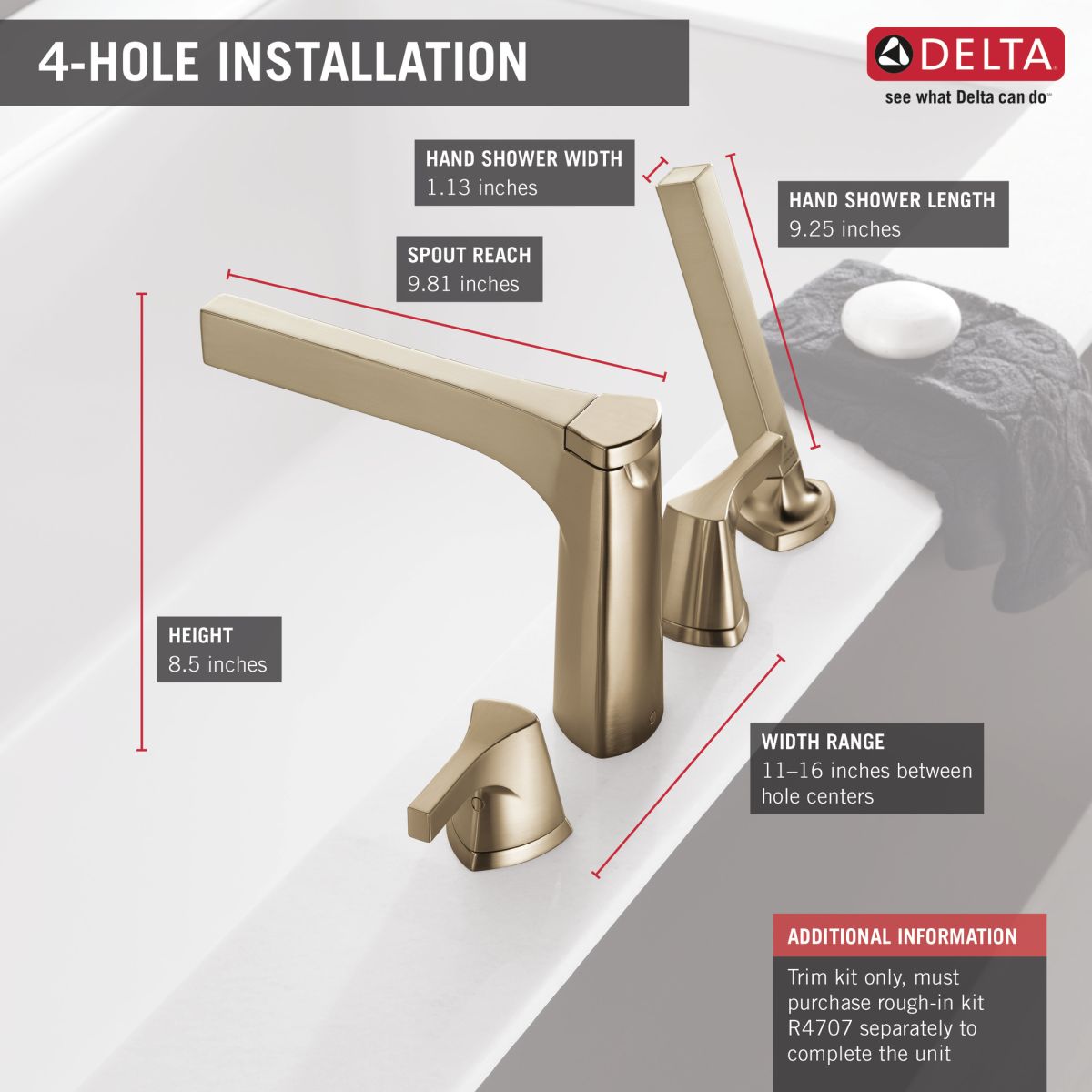 DELTA Zura 4-hole Roman Tub with Handshower Trim — Champagne Bronze
