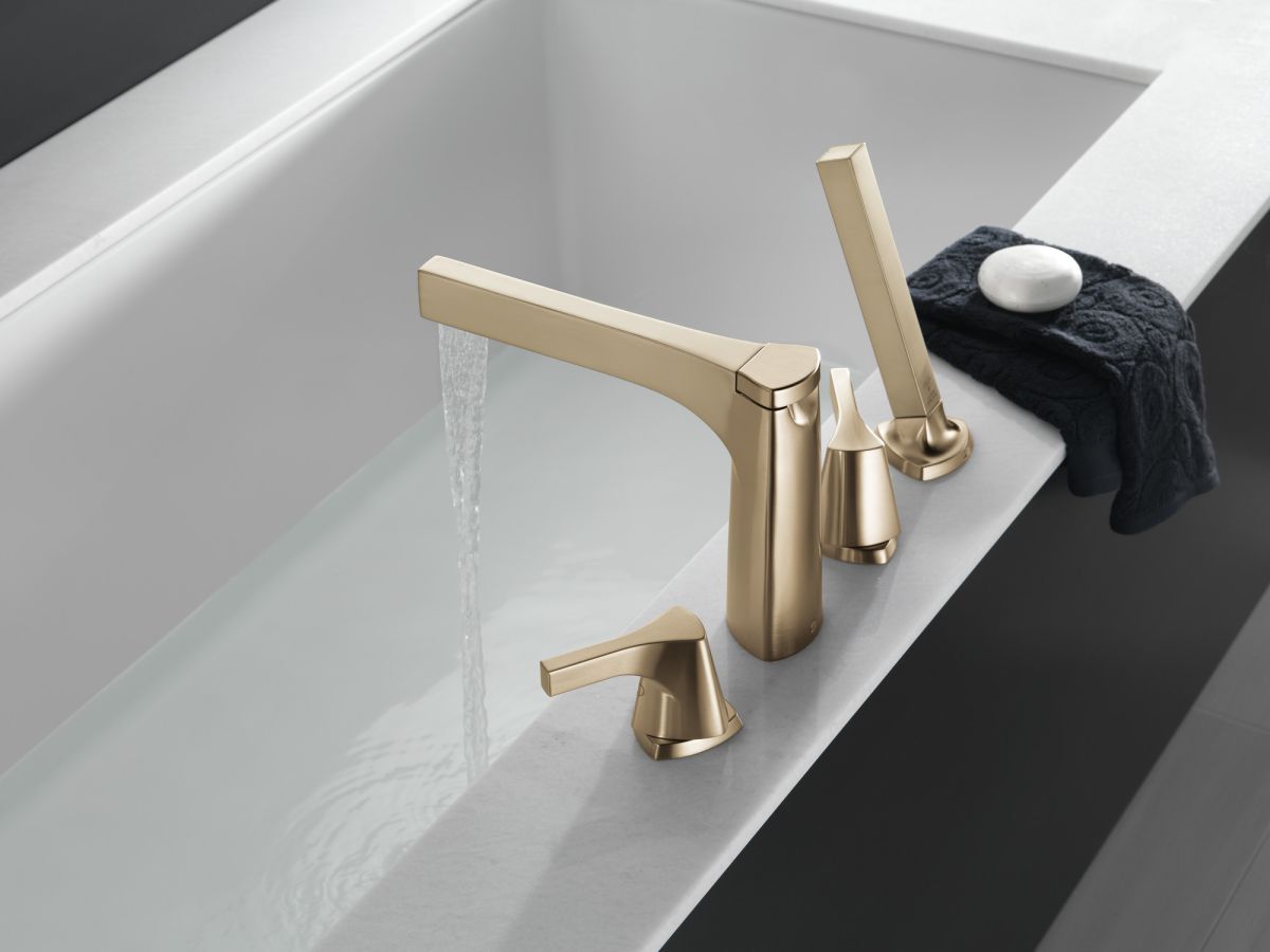 DELTA Zura 4-hole Roman Tub with Handshower Trim — Champagne Bronze