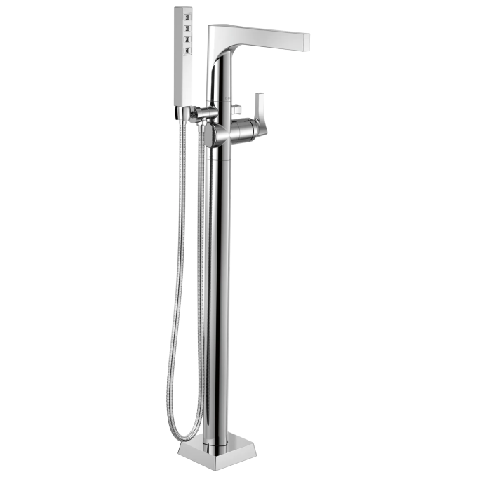 DELTA Zura Single Handle Floor Mount Tub Filler Trim with Hand Shower — Chrome