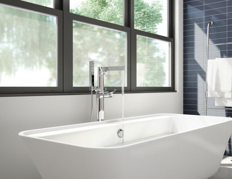 DELTA Zura Single Handle Floor Mount Tub Filler Trim with Hand Shower — Chrome
