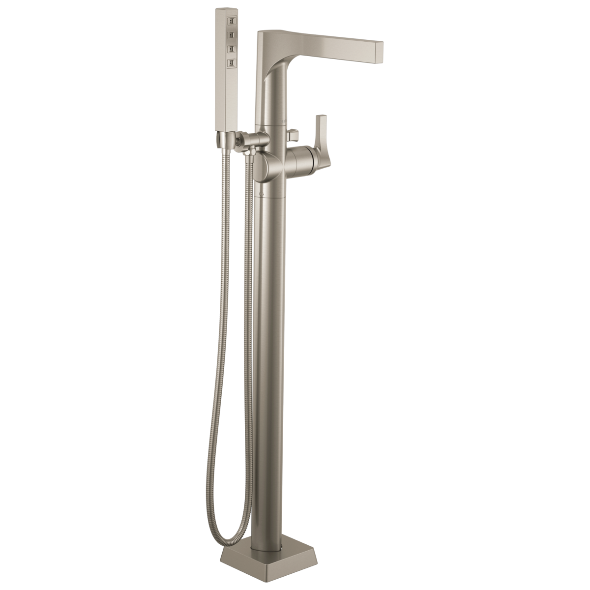 DELTA Zura Single Handle Floor Mount Tub Filler Trim with Hand Shower — Stainless