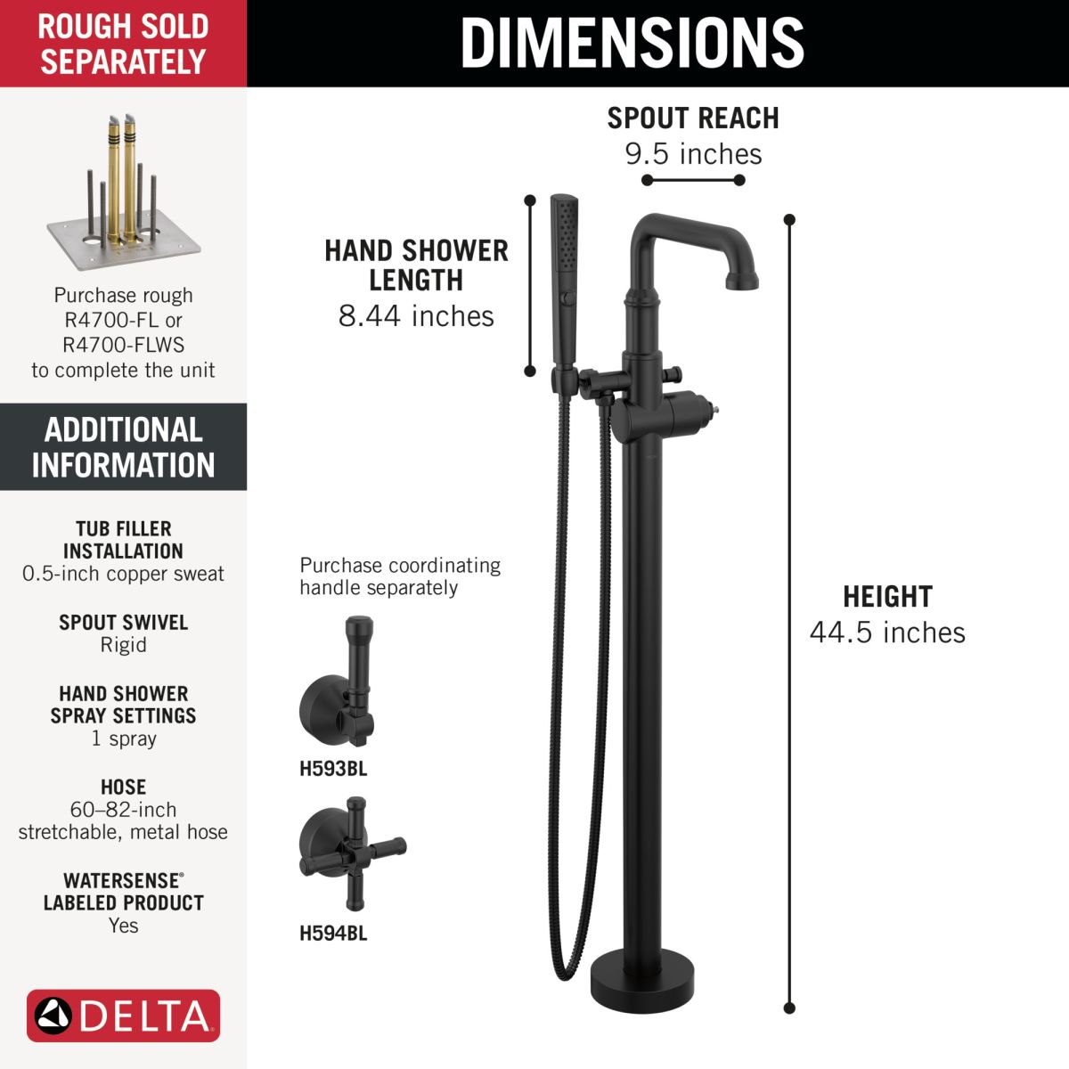 DELTA Broderick Floor Mount Tub Filler Trim- Less Handle — Matte Black