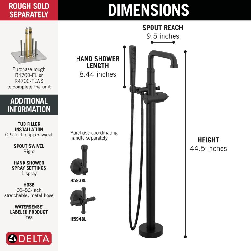 DELTA Broderick Floor Mount Tub Filler Trim- Less Handle — Matte Black