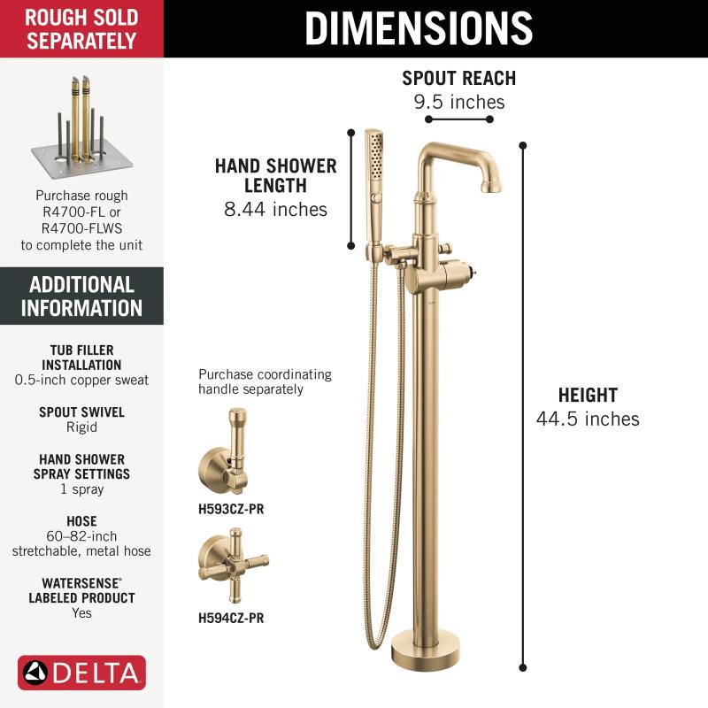 DELTA Broderick Floor Mount Tub Filler Trim- Less Handle — Lumicoat® Champagne Bronze