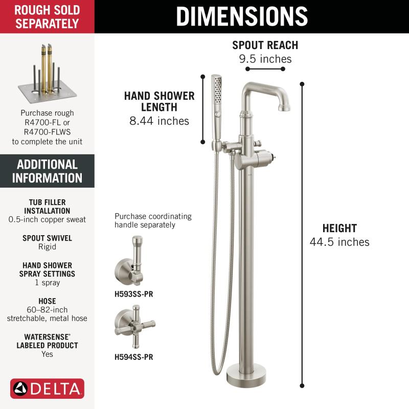 DELTA Broderick Floor Mount Tub Filler Trim- Less Handle — Lumicoat® Stainless
