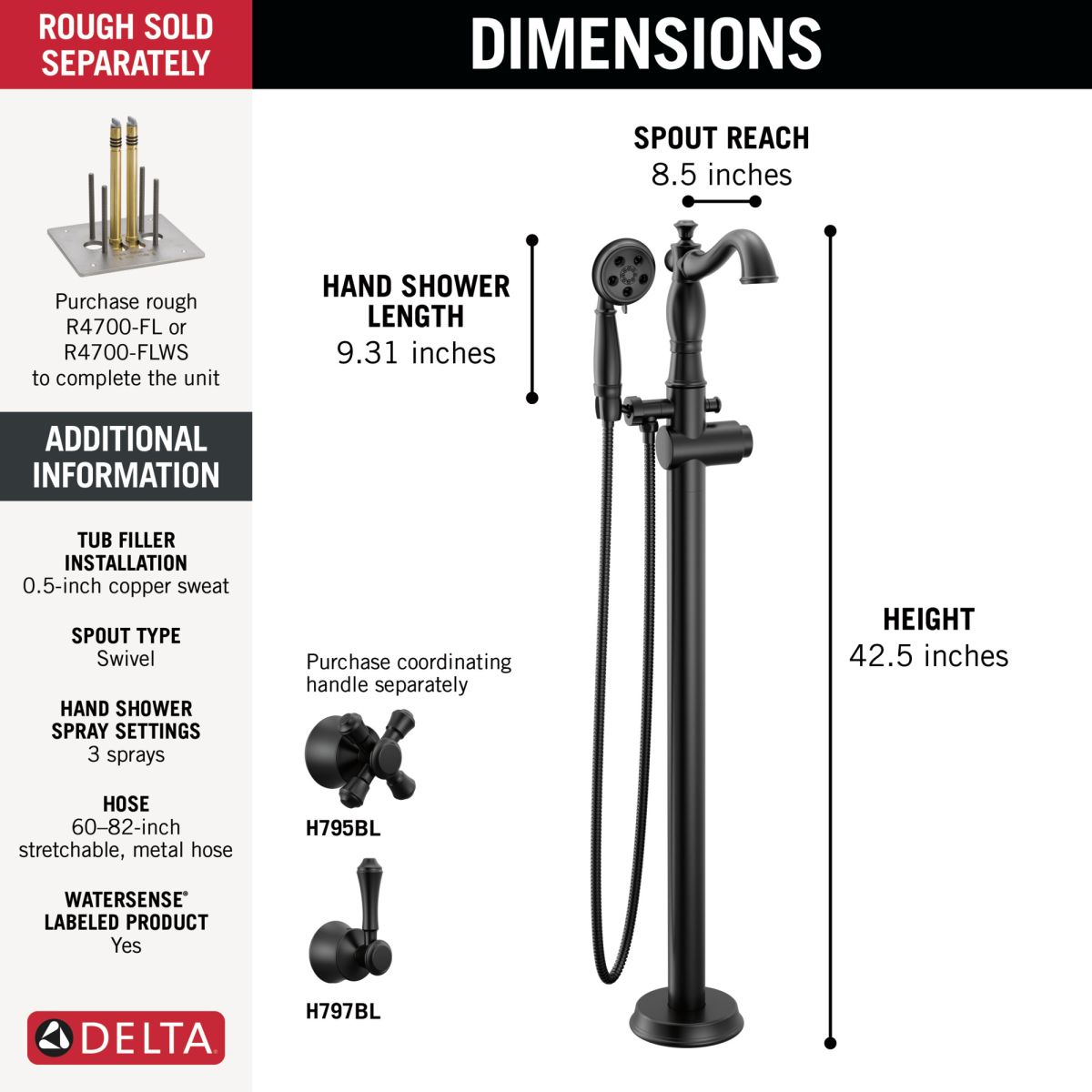 DELTA Cassidy Floor Mount Tub Filler Trim — Matte Black
