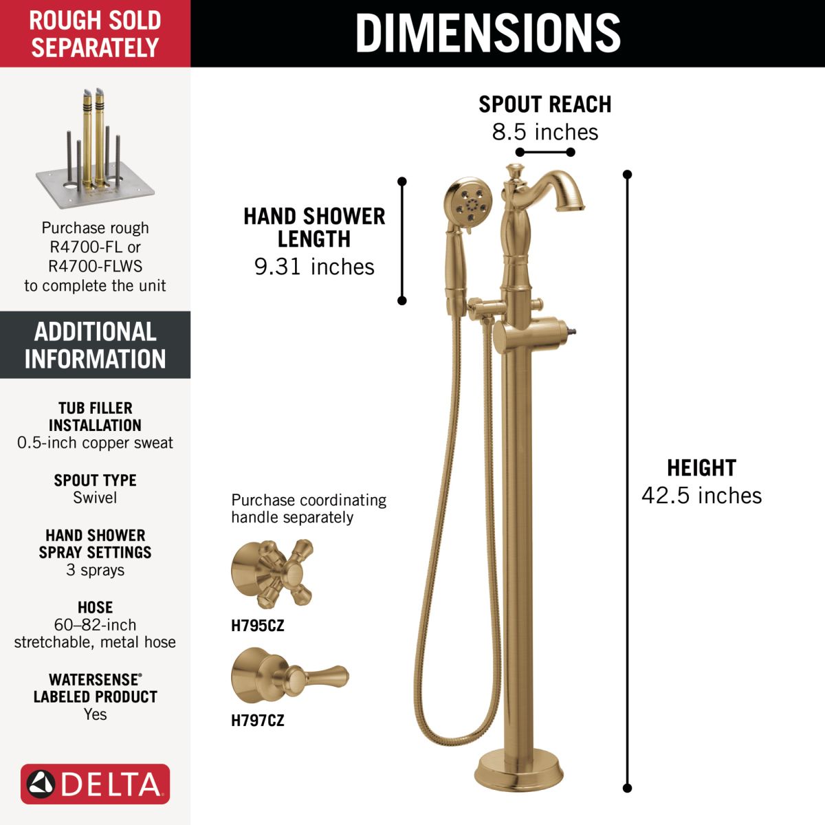 DELTA Cassidy Single Handle Floor Mount Tub Filler Trim with Hand Shower - Less Handle — Champagne Bronze