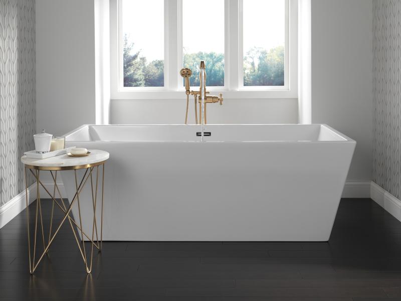 DELTA Cassidy Single Handle Floor Mount Tub Filler Trim with Hand Shower - Less Handle — Champagne Bronze