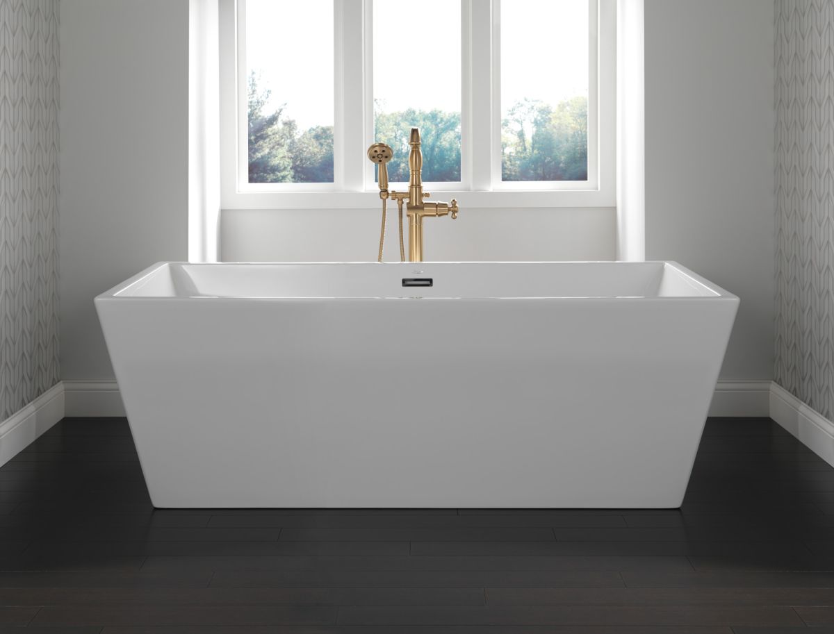 DELTA Cassidy Single Handle Floor Mount Tub Filler Trim with Hand Shower - Less Handle — Champagne Bronze