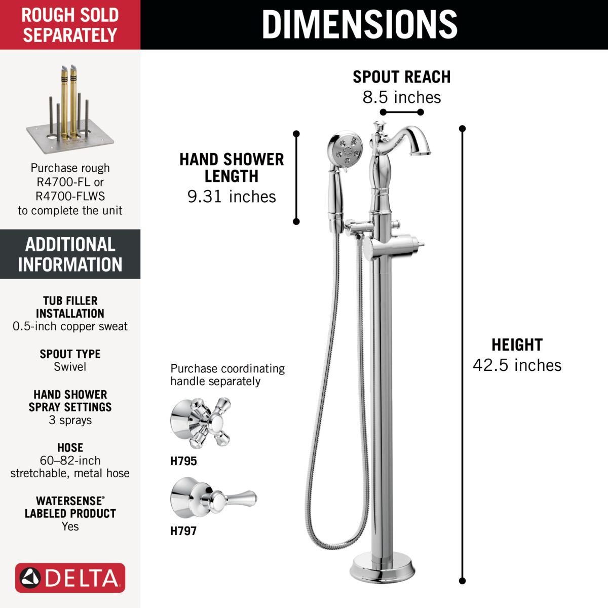 DELTA Cassidy Single Handle Floor Mount Tub Filler Trim with Hand Shower - Less Handle — Chrome