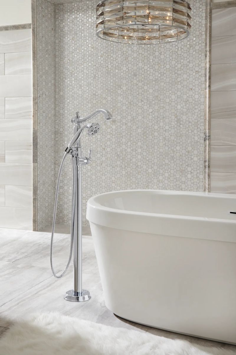 DELTA Cassidy Single Handle Floor Mount Tub Filler Trim with Hand Shower - Less Handle — Chrome