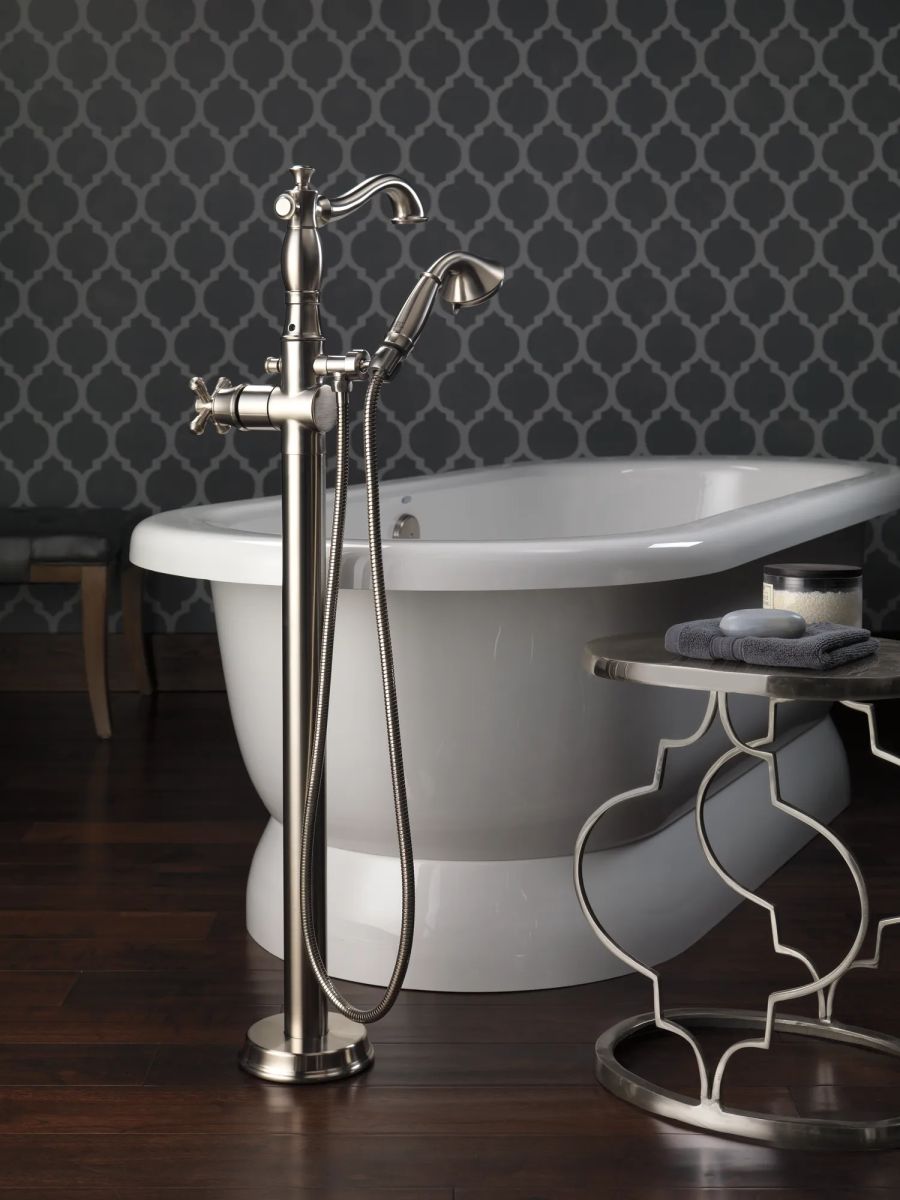 DELTA Cassidy Single Handle Floor Mount Tub Filler Trim with Hand Shower - Less Handle — Stainless
