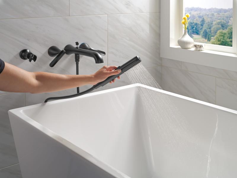 DELTA Bonacci Two Handle Wall Mount Tub Filler Trim with Hand Shower — Matte Black